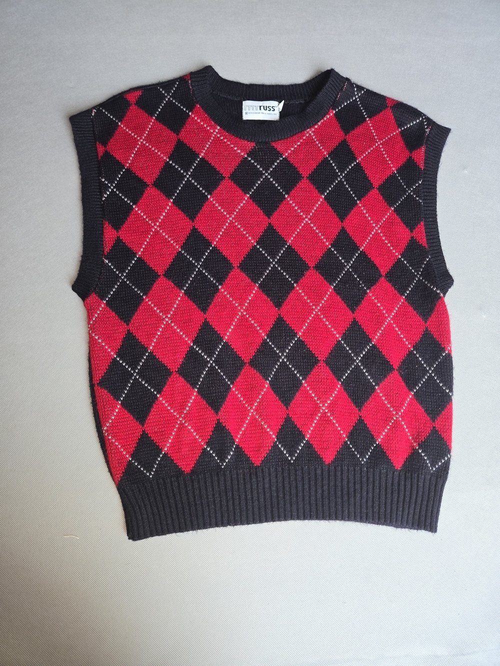 Vintage Russ Argyle Sweater Vest Red Black Diamond Knit Retro Preppy  Size L